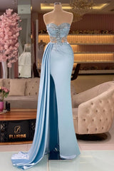 Column Slit Front Long Sweetheart Strapless Sleeveless Sky Blue Ruffle Stain Evening Dress with Beadings