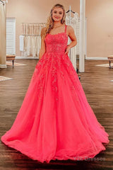 Coral A-Line Prom Dress with Appliques