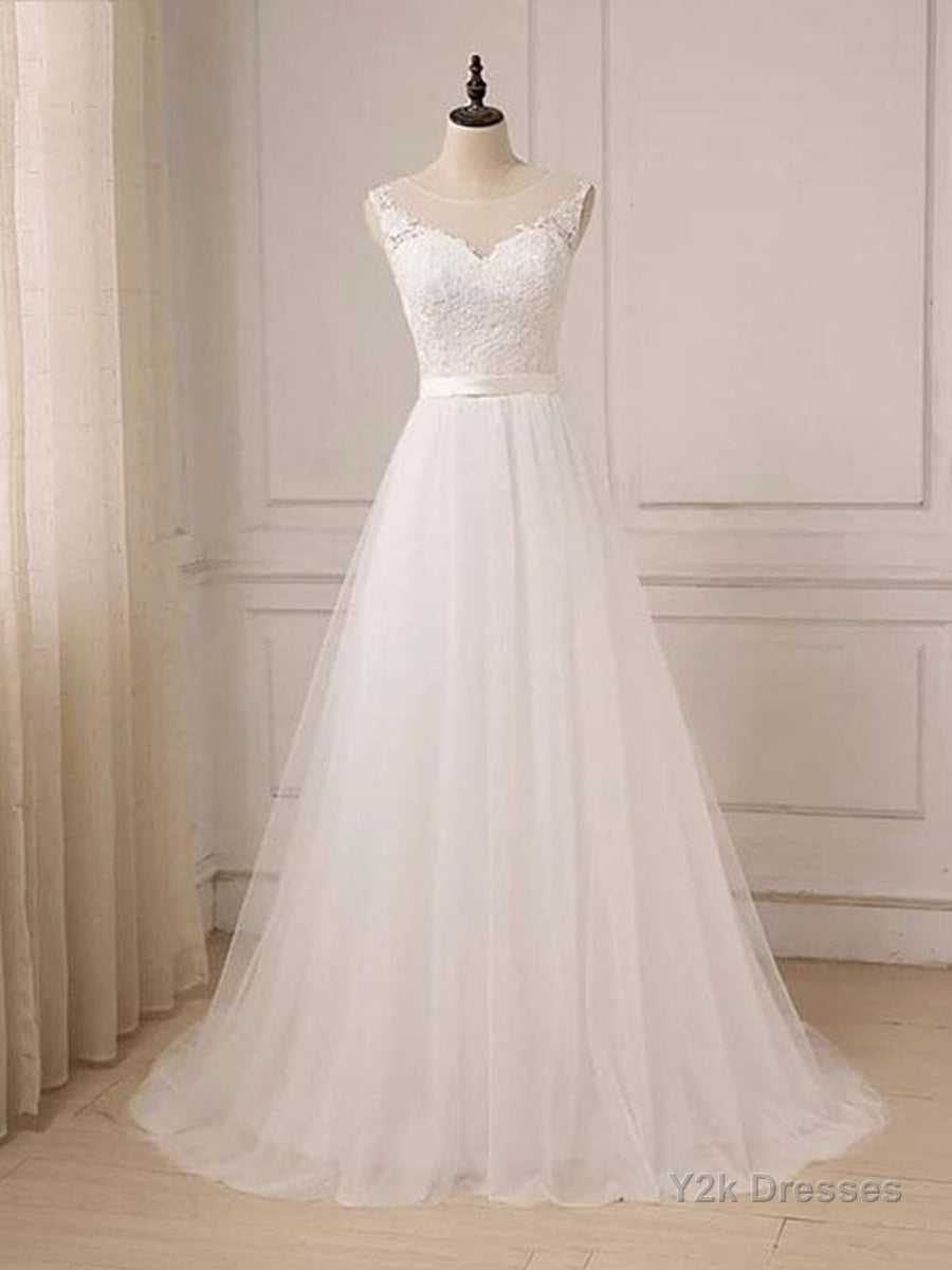 Custom Made A Line Round Neck Lace Tulle White Long Prom Dresses, White Lace Formal Dresses, White Evening Dresses