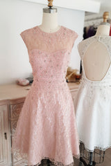 Cute round neck tulle lace short prom dress lace bridesmaid dress