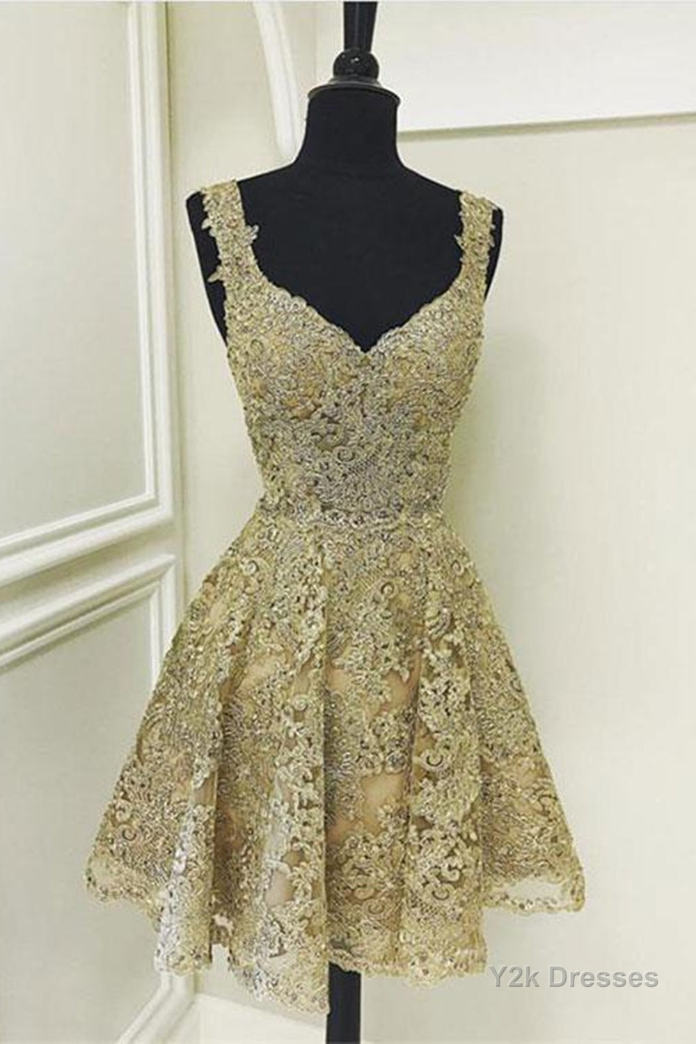 Cute V Neck Golden Lace Short Prom Dresses, Golden Lace Homecoming Dresses, Golden Formal Evening Dresses