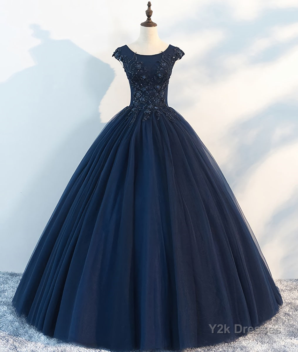 Dark blue round neck tulle lace long prom dress, blue tulle lace evening dress