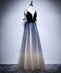 Dark blue tulle long prom dress, blue evening dress