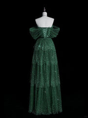 Dark Green A Line Off-the-shoulder Layered Shiny Tulle Prom Dress