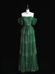 Dark Green A Line Off-the-shoulder Layered Shiny Tulle Prom Dress