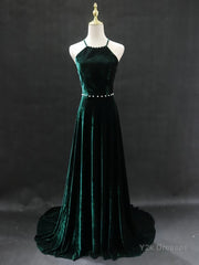 Dark Green Backless Long Prom Dresses, Dark Green Long Formal Evening Bridesmaid Dresses