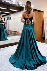 Dark Green Satin A-Line Appliques Prom Dress with Slit Formal Evening Dresses