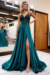 Dark Green Satin A-Line Appliques Prom Dress with Slit Formal Evening Dresses