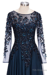 Dark Navy Long A-line Jewel Tulle Formal Evening Dresses with Sleeves