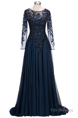 Dark Navy Long A-line Jewel Tulle Formal Evening Dresses with Sleeves