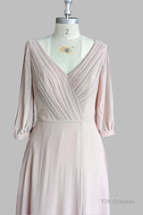 Deep V-neck 1/2 Sleeves Chiffon Max Dresses Side-Slit Floor-Length Bridesmaid Dress