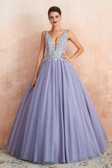 Deep V Neck Beaded Tulle Lavender Prom Dresses