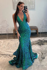 Deep V Neck Pink Sequins Mermaid Long Prom Dress