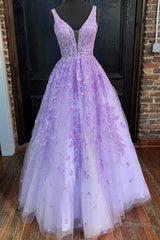 Deep V Neck Purple Lace Long Prom Dresses, Purple Lace Formal Dresses, Purple Evening Dresses