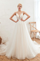 Deep V See Through Neck Bridal Dresses Spaghetti Straps Fairy Tulle Wedding Gowns