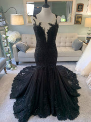 Black Wedding Dress, Gothic Wedding Dress, Mermaid Black Dress, A Line Wedding Dress, Black Lace Wedding Dress, Illusion Back Wedding Dress