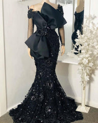 Elegant African Black Mermaid Evening Dresses, Full Sleeves Lace Appliqued Beaded Arabic Aso Prom Gowns With Bow Robe De Soiree