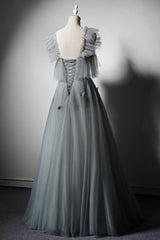 Green Gray Tulle Off Shoulder Custom Size Long Senior Prom Dress, Evening Dress