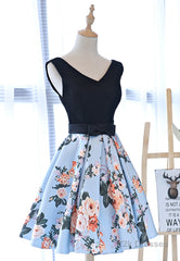 Cute V-Neck Floral Prom Dresses, A-Line Homecoming Dresses