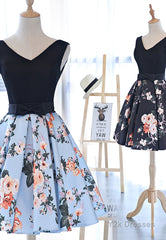 Cute V-Neck Floral Prom Dresses, A-Line Homecoming Dresses