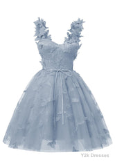 Dusty Blue 3D Butterfly Lace Applique Tulle Homecoming Dress for Teens Sweetheart Mini Short Prom Dresses