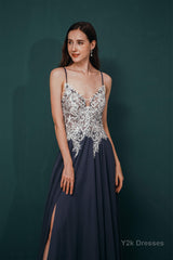 A-line Spaghetti Straps Side Split Long Prom Dresses