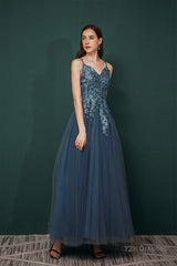 Dusty Blue Tulle A-line Low back Spaghetti strap Prom Dresses