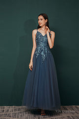 Dusty Blue Tulle A-line Low back Spaghetti strap Prom Dresses