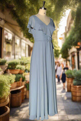 Dusty Blue V-Neck Chiffon Bridesmaid Dress Backless Ruffled Split for Teens A-Line Long Bridesmaid Dresses