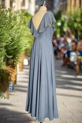 Dusty Blue V-Neck Chiffon Bridesmaid Dresses Backless Ruffled Split for Teens A-Line Long Bridesmaid Dress