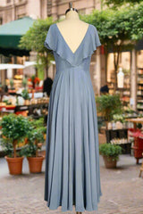 Dusty Blue V-Neck Chiffon Bridesmaid Dresses Backless Ruffled Split for Teens A-Line Long Bridesmaid Dress