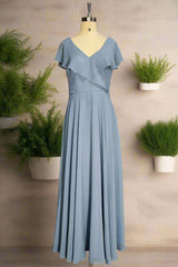 Dusty Blue V-Neck Chiffon Bridesmaid Dresses Backless Ruffled Split for Teens A-Line Long Bridesmaid Dress