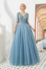 Dusty Blue V-Neck Half-Sleeve Prom Dresses Long With Beadings Lace-up