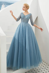 Dusty Blue V-Neck Half-Sleeve Prom Dresses Long With Beadings Lace-up