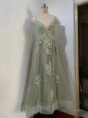 Dusty Sage Prom Dress Plunging V Neck Appliques Lace-Up A-line Long Evening Gown