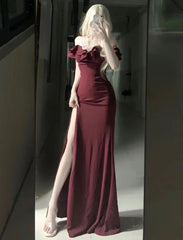 Modest Mermaid Burgundy Slit Prom Dresses Birthday Outfits