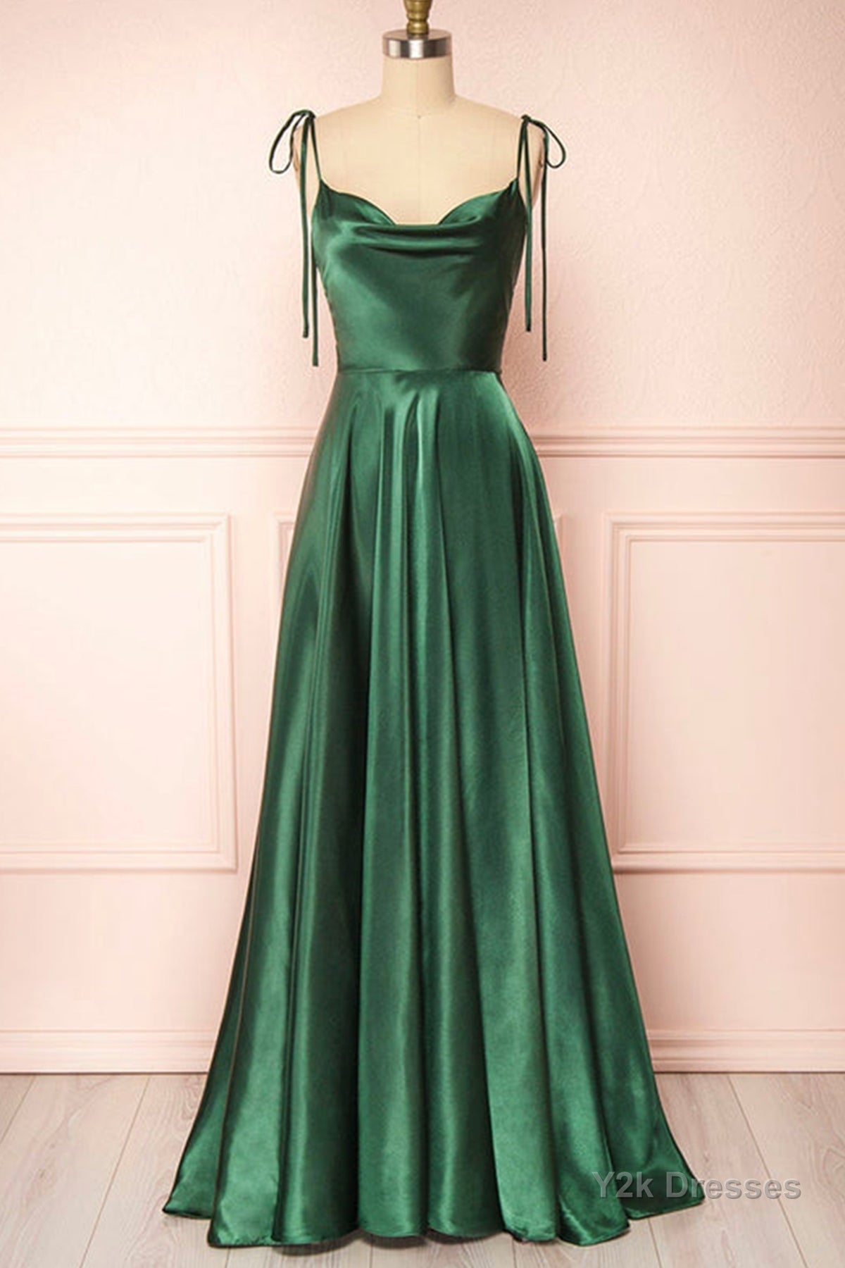 Elegant Backless Green Satin Long Prom Dresses, Backless Green Formal Graduation Evening Dress