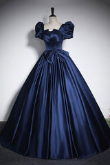 Elegant Blue Satin Prom Dresses, Square Neckline Puffy Short Sleeve Bow Backless Floor-Length Formal Dresses