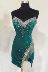 Emerald Green Velvet Strapless Beaded Short Cocktail Dress with Tassels