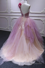 Puffy One Shoulder Sleeveless Tulle Prom Dress with Flowers, Ruffles Quinceanera Dress