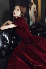 Burgundy velvet long prom dress A line evening dress