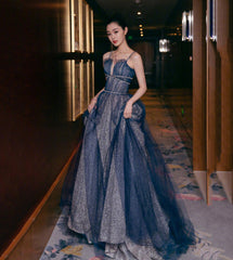 Blue tulle long prom dress shiny evening dress