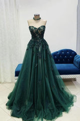 A Line Sweetheart Green Lace Long Prom Dress