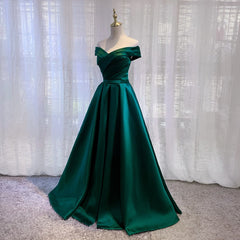 Satin Emerald Green Pleated A-Line Off-shoulder Prom Dresses