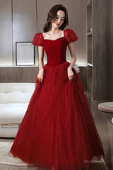 Burgundy velvet tulle long prom dress A line evening dress