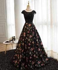 Black Lace Floral Patterns Long Prom Dress, Black Evening Dress