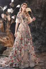 Floral Embroidery Long Tulle Short Sleeve Train Prom Dresses