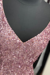 Gorgeous Mermaid V Neck Straps Pearl Pink Sequin Long Prom Dress, Prom Outfits With Slit