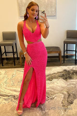 Fuchsia Sequins Criss Cross Straps Prom Dress