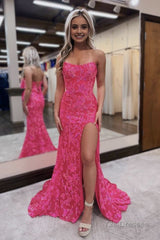 Fuchsia Strapless Sequins Lace Mermaid Prom Dresses with Slit